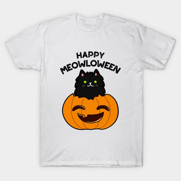 Meowloween Cute Halloween Cat Pumpkin Pun T-Shirt by punnybone